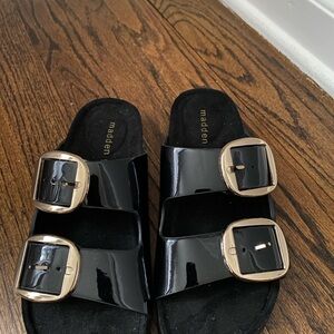 Madden Girl Black Sandals with Gold Buckles